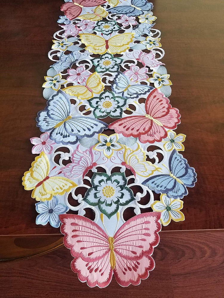 Easter Table Runner Spring Embroidered Applique Floral Butterfly Cutwork Table L