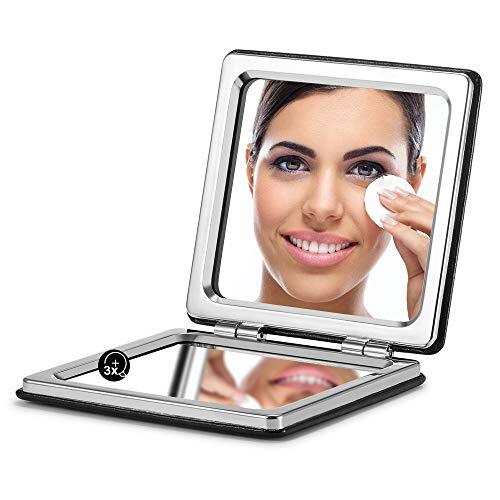 Compact Mirror, Classical PU Leather 1X/3X Magnification, Pocket Square Black
