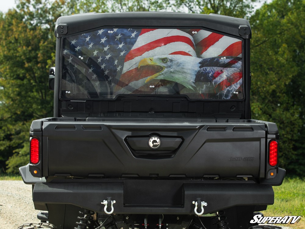 SuperATV Rear Printed Windshield for Can-Am Defender - American Flag & Eagle