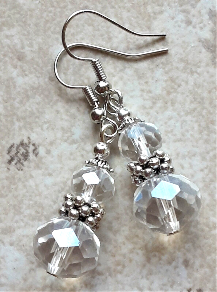 double CLEAR Faceted CRYSTAL earring SP FISH HOOK handcrafted WPCF12