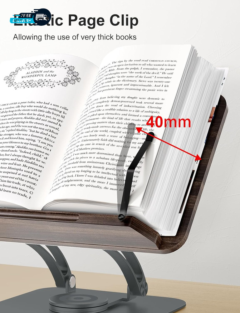 Book Stand for Reading Adjustable Book Holder with 360° Swivel Base Foldable
