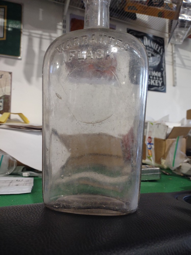 ANTIQUE GLASS BOTTLE WARRANTED FLASK SIDE STRAP BOTTLE