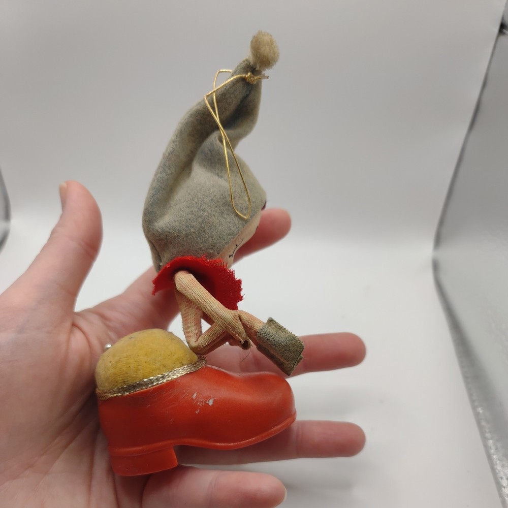 Vintage pixie elf boot pin cushion measuring tape