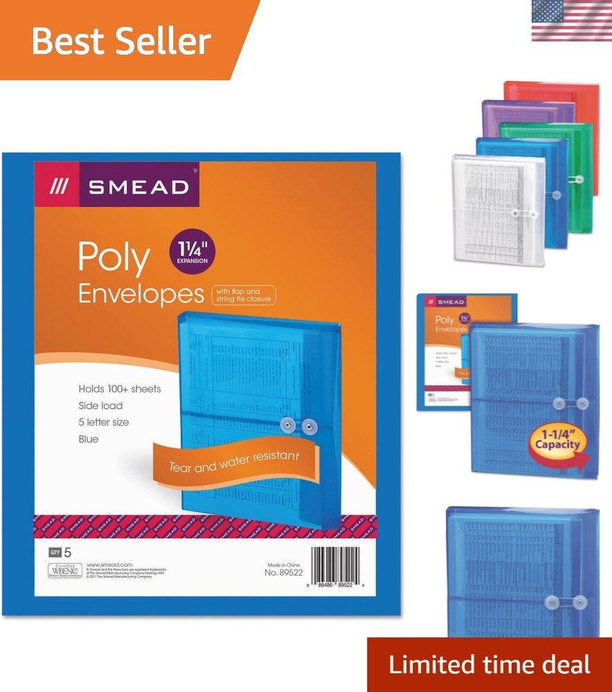 5  Blue Poly Envelopes - Tear and Water-Resistant with Secure Tie Closure
