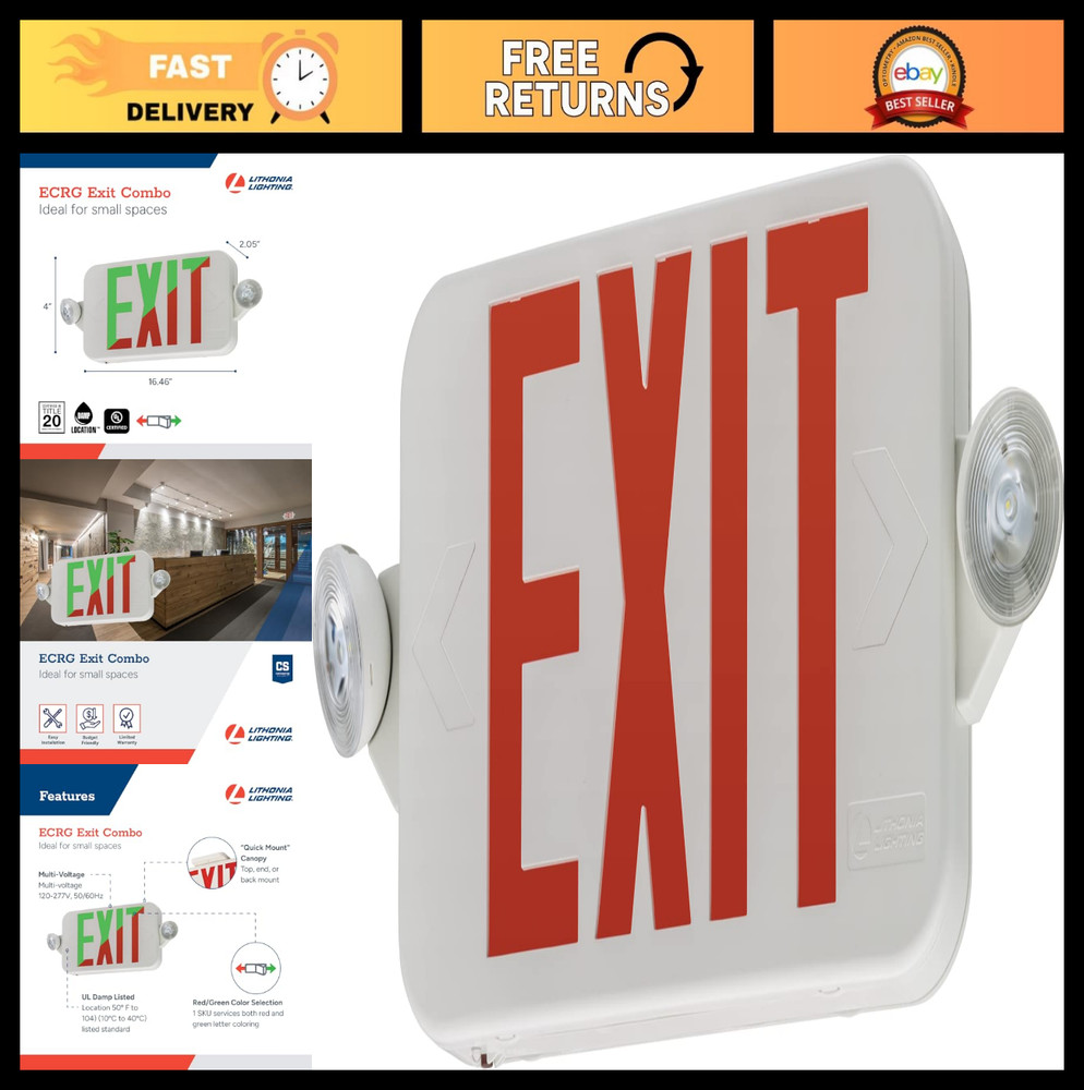 LED Exit Sign Emergency Light Combo, Switchable Red/Green, 2-Head Fixture, White