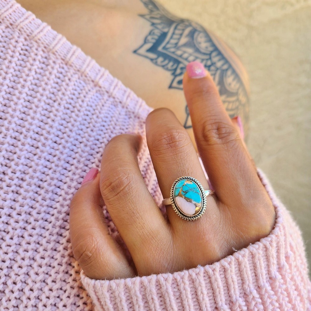 Oyster Copper Turquoise Ring 925 Sterling Silver Spiny Turquoise Statement Ring