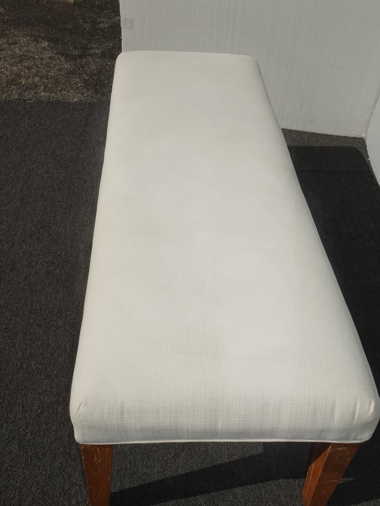 Modern White Bed Side Bench with Brown Legs & Designer Fabric