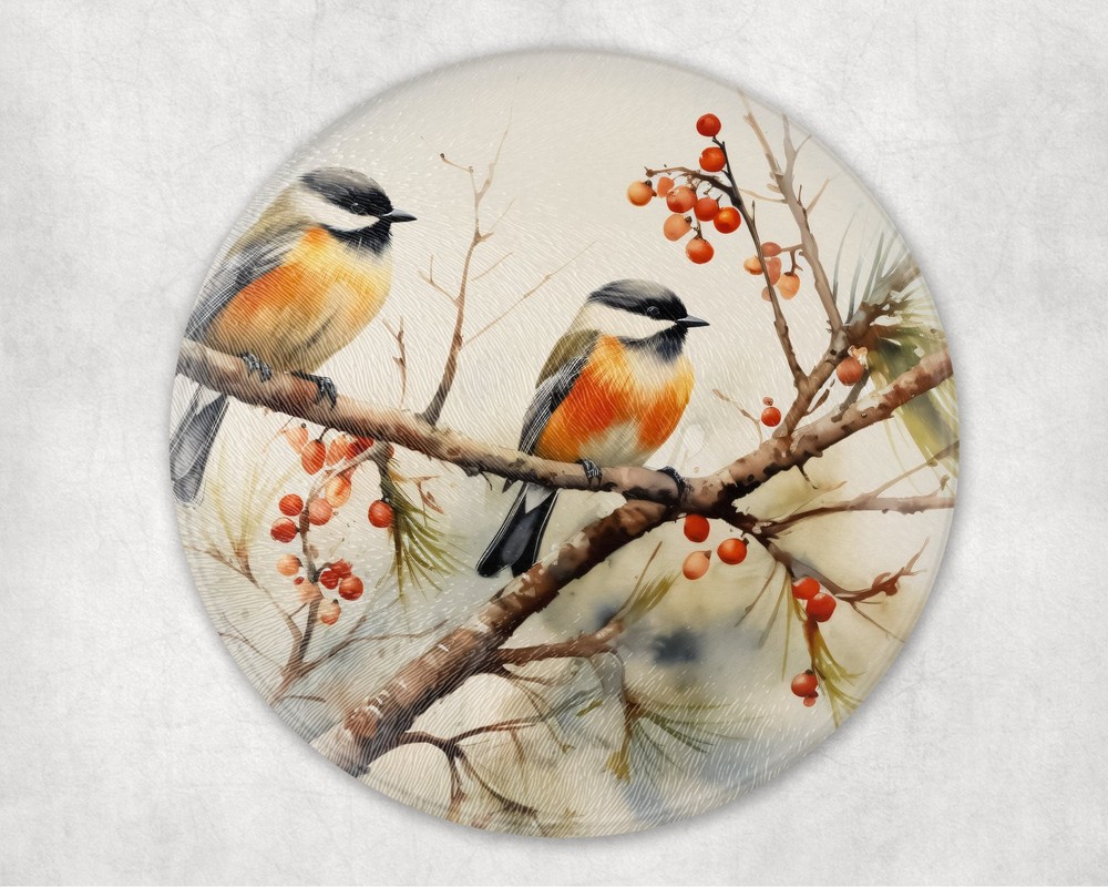 Chickadees Tempered Glass Cutting Board Floral Design Kitchen Decor