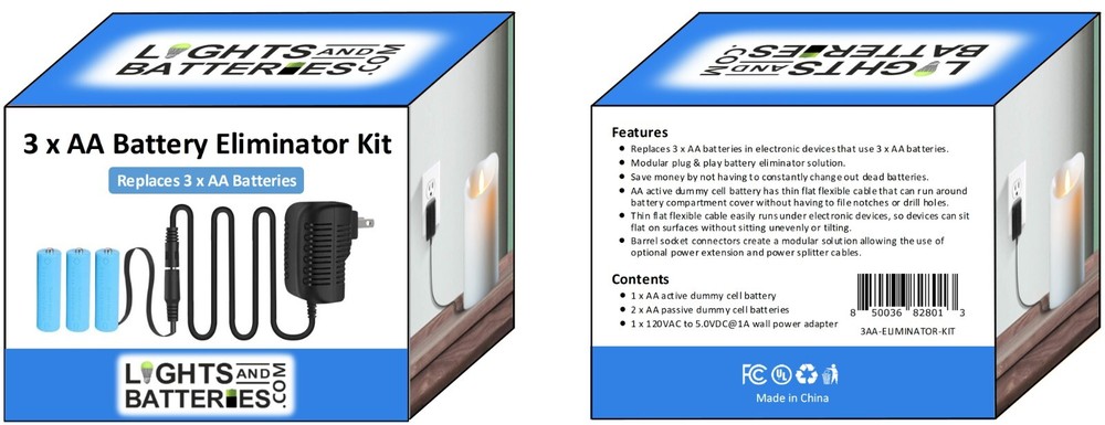 3 x AA Battery Replacement Eliminator Kit (White) for Electronic Devices