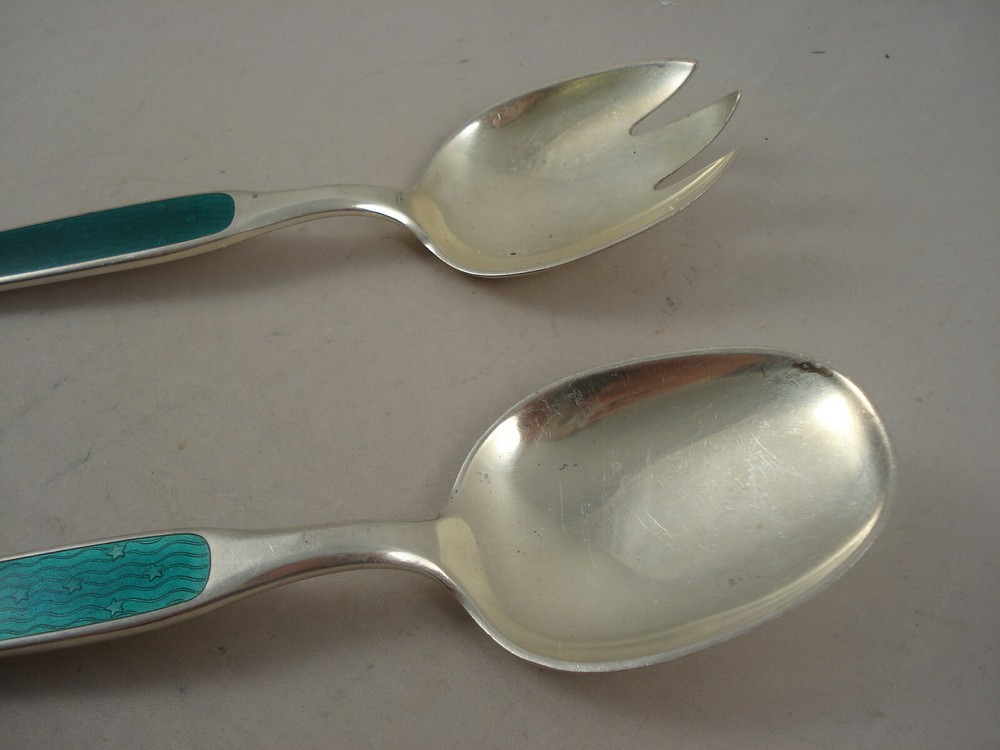 SCRAP WT 3.8oz David Andersen Signed Sterling Silver 0.925 Enamel Salad Set