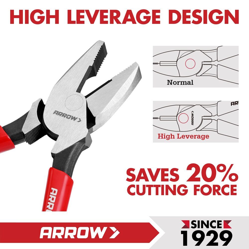 ARROW 8" High Leverage Linesman Pliers Sharp Edge Side Cutters Plier for Cutting