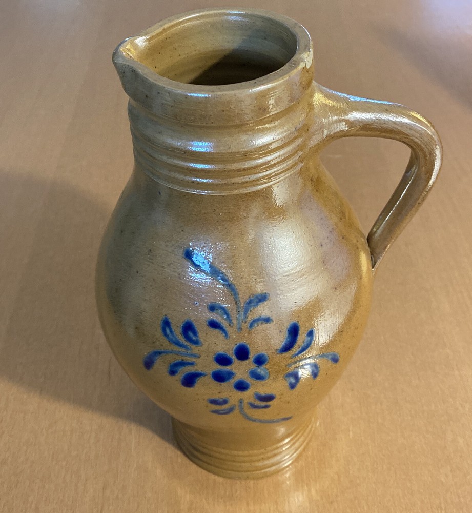 Shiny Brown Pottery Pitcher With Flower Design (Chipped-See Description)
