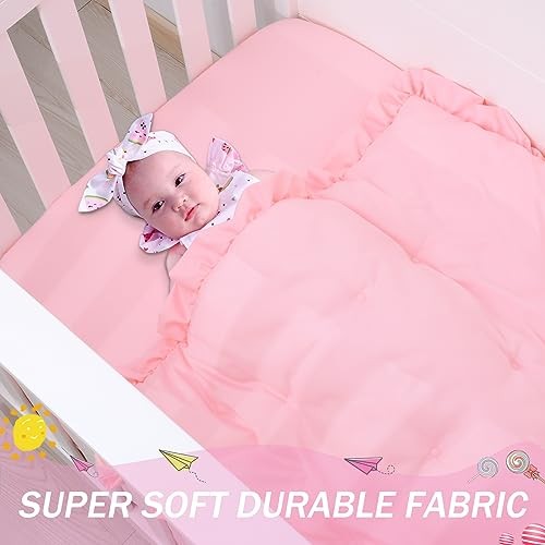 3 Pieces Crib Bedding Set for Girls- Solid Ruffle Quilted Includes Pink