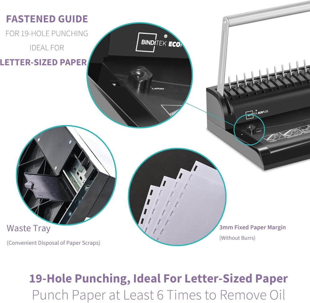 Binding Machine, 19-Hole, 145 Sheets, Comb Binder Machines with 30 PCS 1/2" Bind