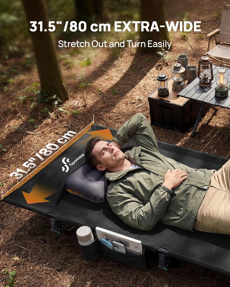 Camping Cot: 31.5’’ Extra Wide Compact Sleeping Cots with Side Pocket - Light...