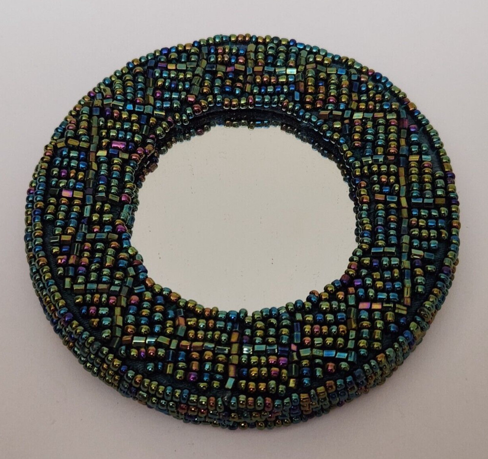 HAND MADE BEADED COMPACT MIRROR 3 14"
