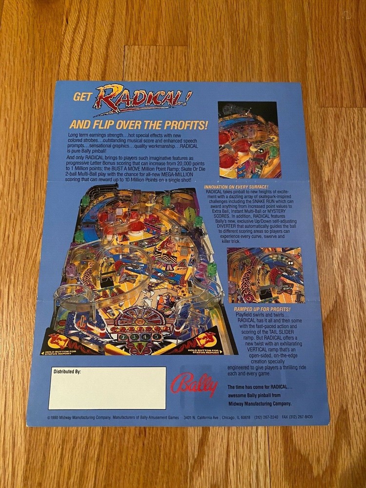 Bally Radical! Pinball Game Machine Flyer, 1990 NOS