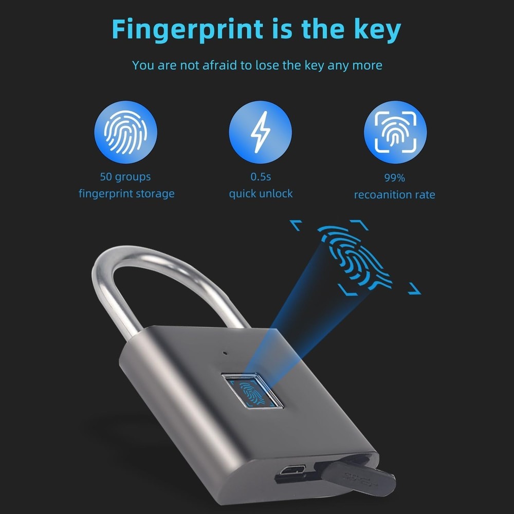 Keyless Portable USB Charging Fingerprint Lock,Smart Padlock Quick Unlock Wat...