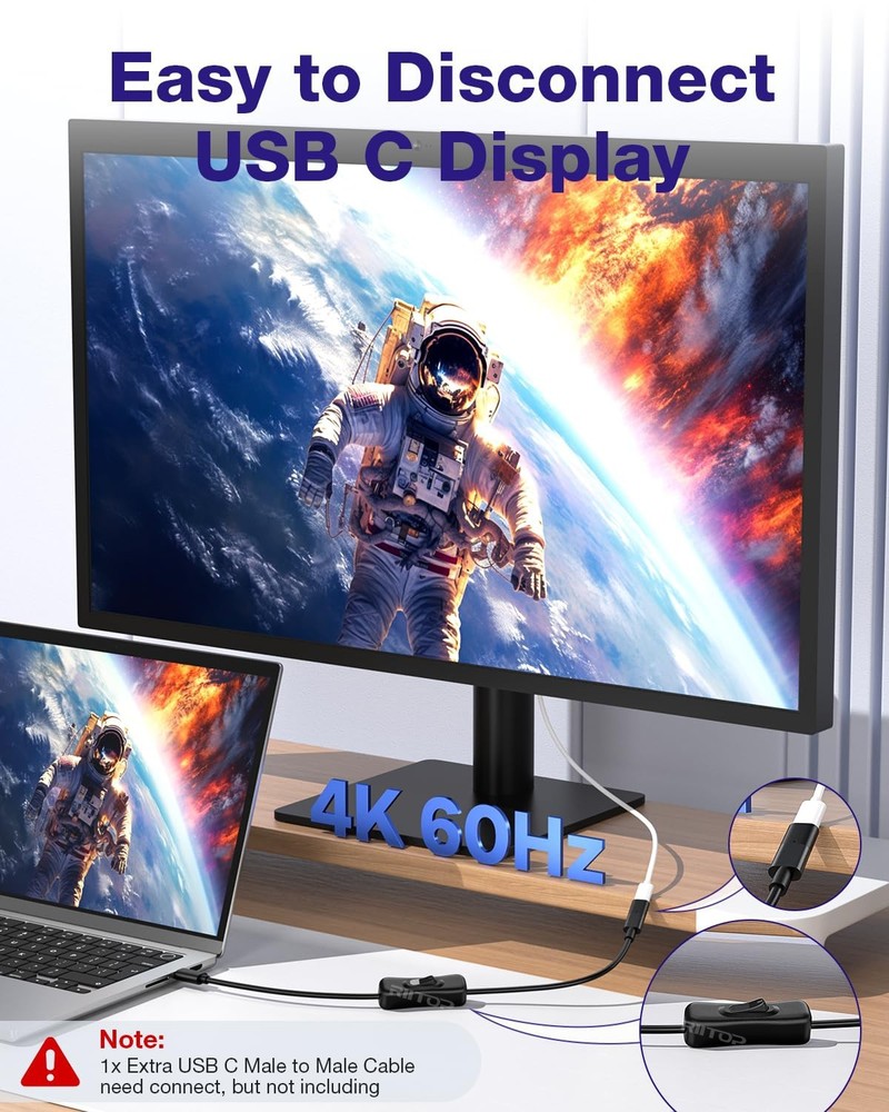 USB Type-C Extension Cable with On Off Switch 1FT, Support Video/Data/Charging