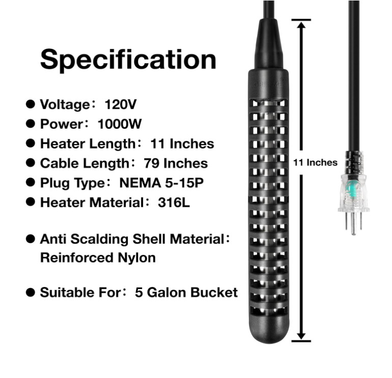 1000W Immersion Water Heater,Fully Submersible Portable Electric Heater,5 Gallon