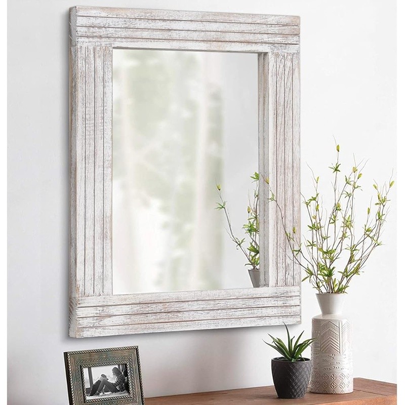 Wooden Rectangular Wall Mirror Elegant Design Sturdy Decorative Hanging Home New