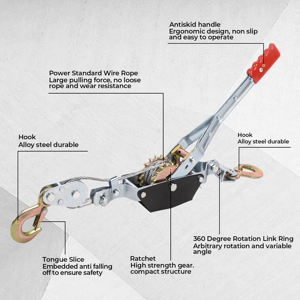 4T Come Along Gear Power Puller Heavy Duty Hand Power Cable Puller 2 Hook Dual