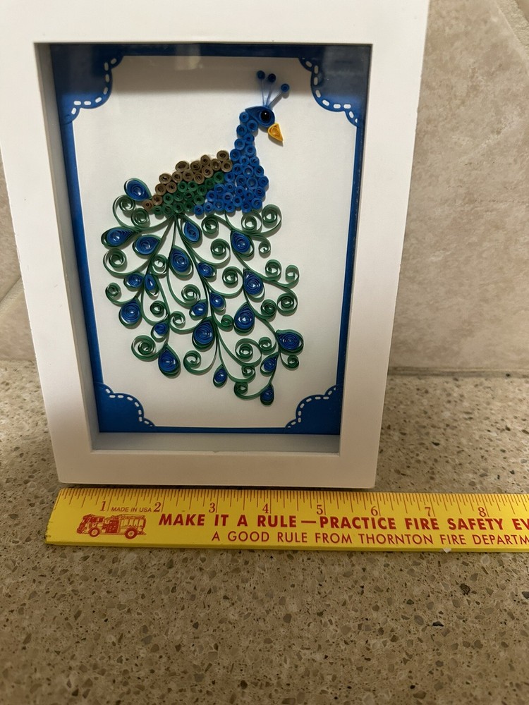 Framed Quillwork Peacock 6x8 White Frame Wall-hanging Handcrafted