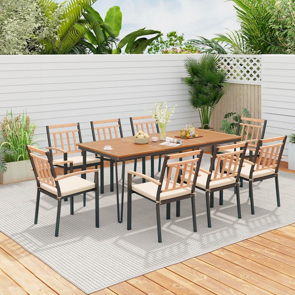 9 PCS Patio Dining Set w/Rectangular Acacia Wood Dining Table 8 Cushioned Chairs