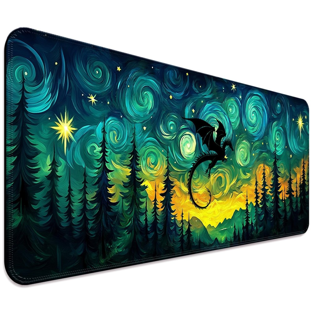 Fantasy Starry Night Forest and Dragon Gaming Desk Mat, Computer Keyboard Lar...