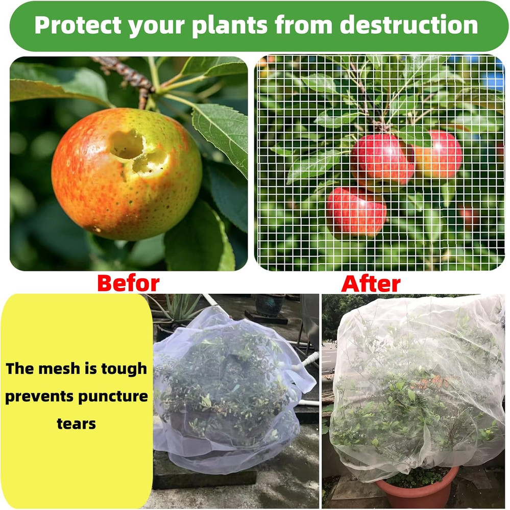 4 Pack Garden Netting Pest Barrier with Drawstring - White Breathable Mesh Insec