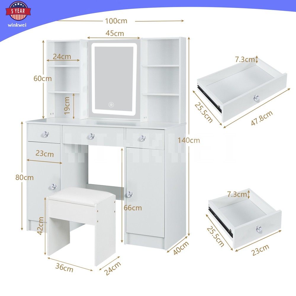 Makeup Vanity Table with Smart LED Mirror 5 Drawers & Crystal Pull Dressing Desk