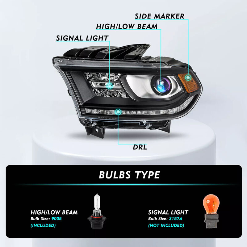 Black Halogen LED DRL Headlight For 2014-2020 Dodge Durango Assembly Driver Side