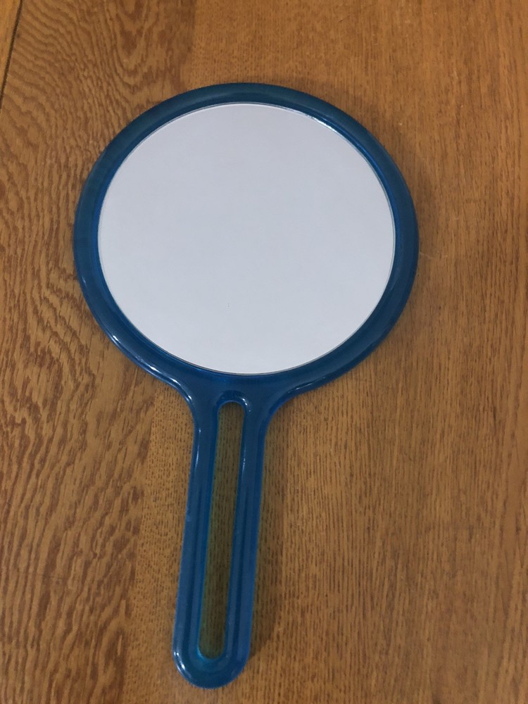 VINTAGE BLUE HANDLE DOUBLE SIDED CIRCULAR PLASTIC MIRROR