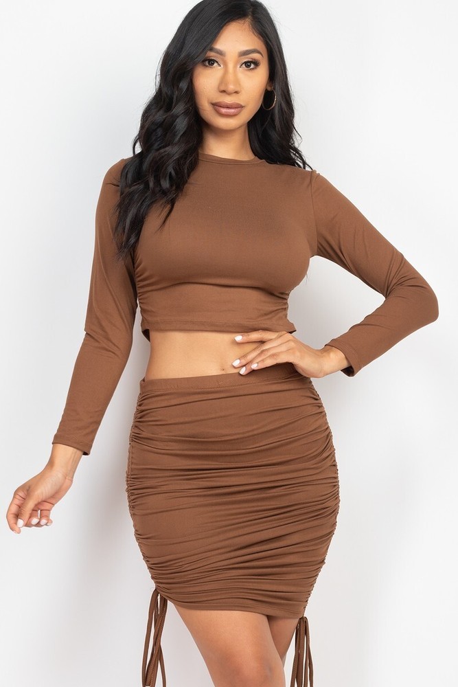 Ruched Side Crop Top & Drawstring Skirt Set Brown