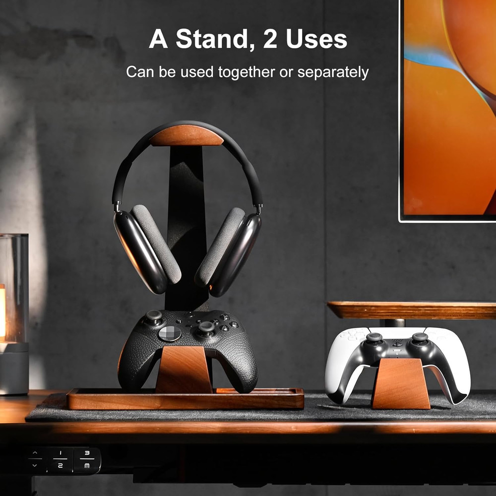 Headset Stand with 2 Controller Holders - Solid Wood & Metal Gaming Headphone Ho