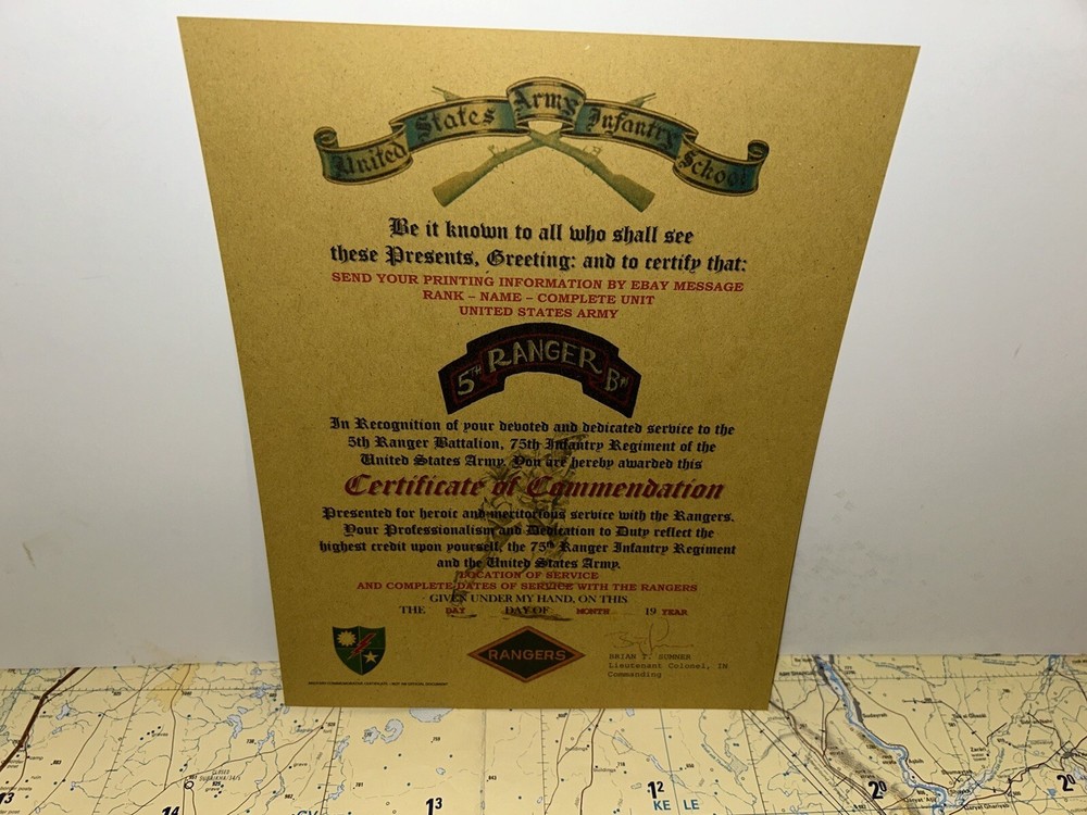 U.S. ARMY RANGER - 5TH BN / 75TH INFANTRY-REPLACEMENT COMMEMORATIVE CERTIFICATE