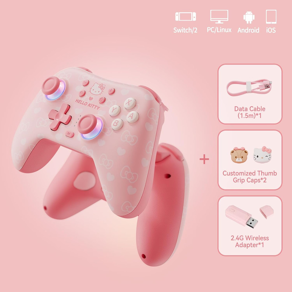 Pink Switch 2 Controller,Hello Kitty Hall Effect Controllers Wireless for Switch
