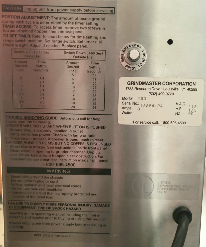 USED Grindmaster Electric Coffee Grinder Model 190