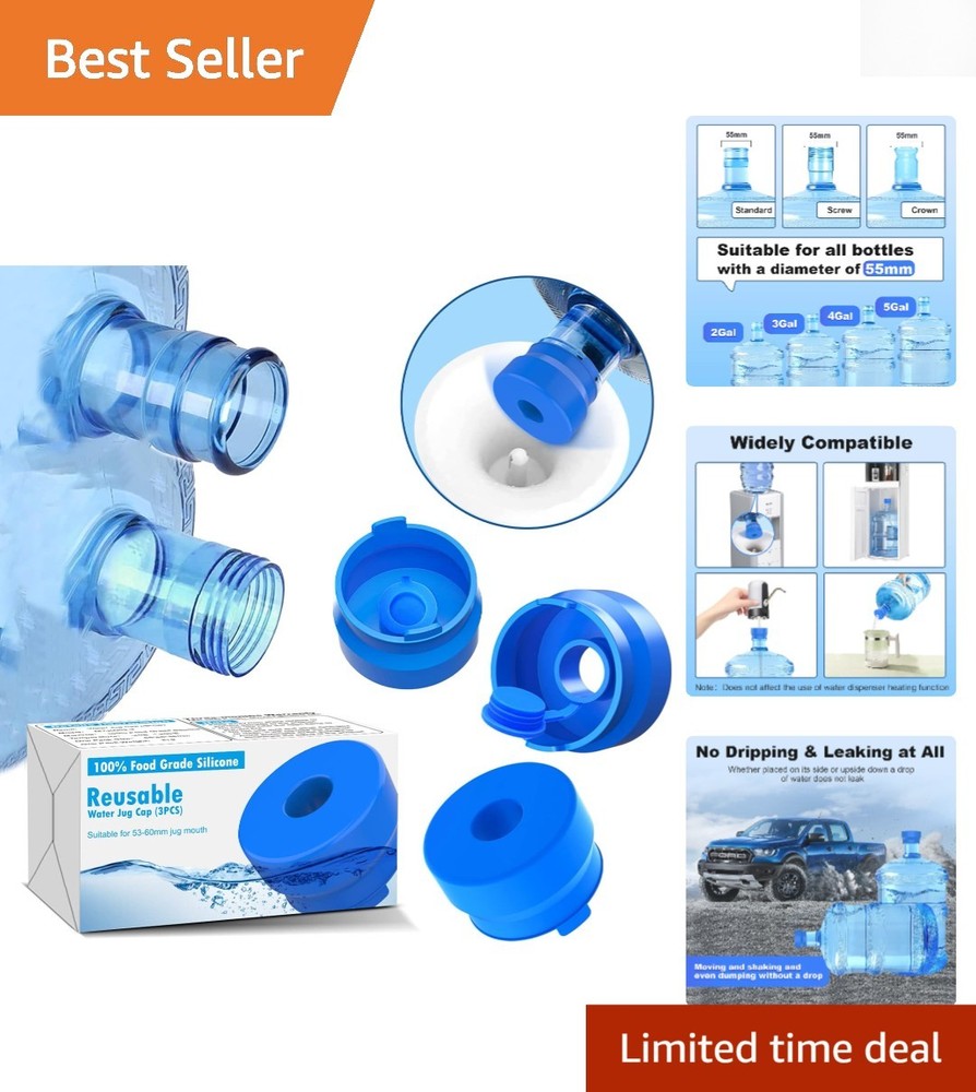 3-Pack Blue Silicone Water Jug Caps - Dishwasher Safe, Fits Standard Sizes