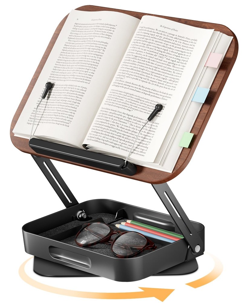 Adjustable Book Stand for Reading with Storage – 360° Rotating Base Height Ad...
