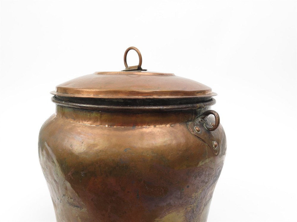 Antique Large Rustic Copper Lidded Cachepot Seed Pot Urn 12" x 11" tall
