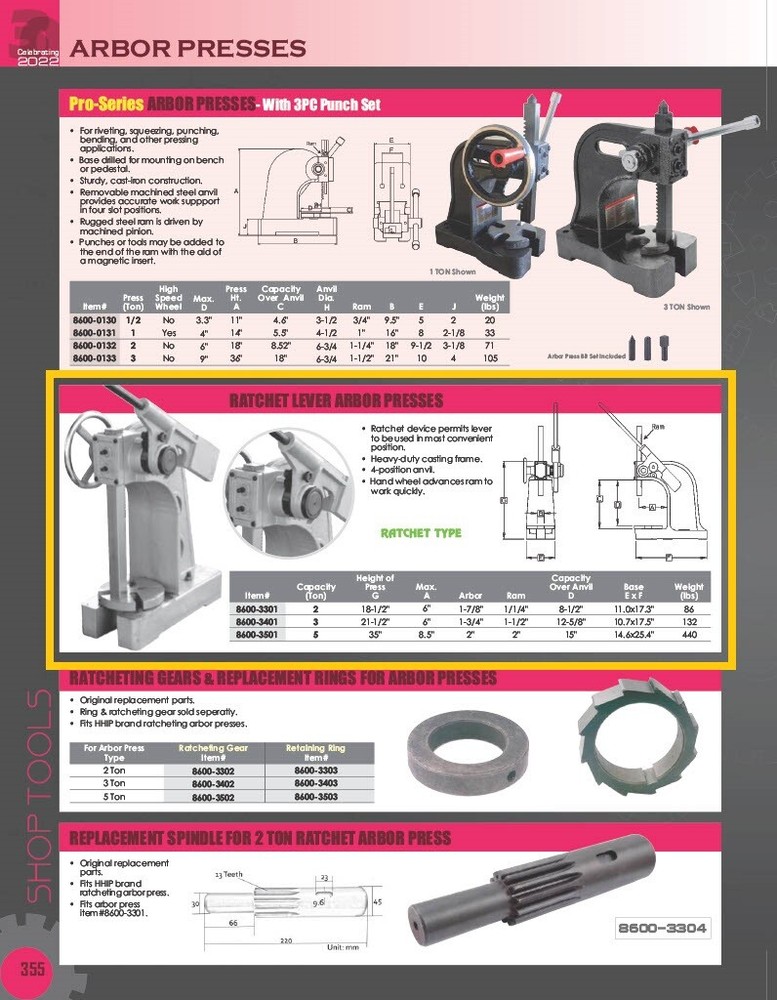 2 TON RATCHET TYPE ARBOR PRESS (8600-3301)