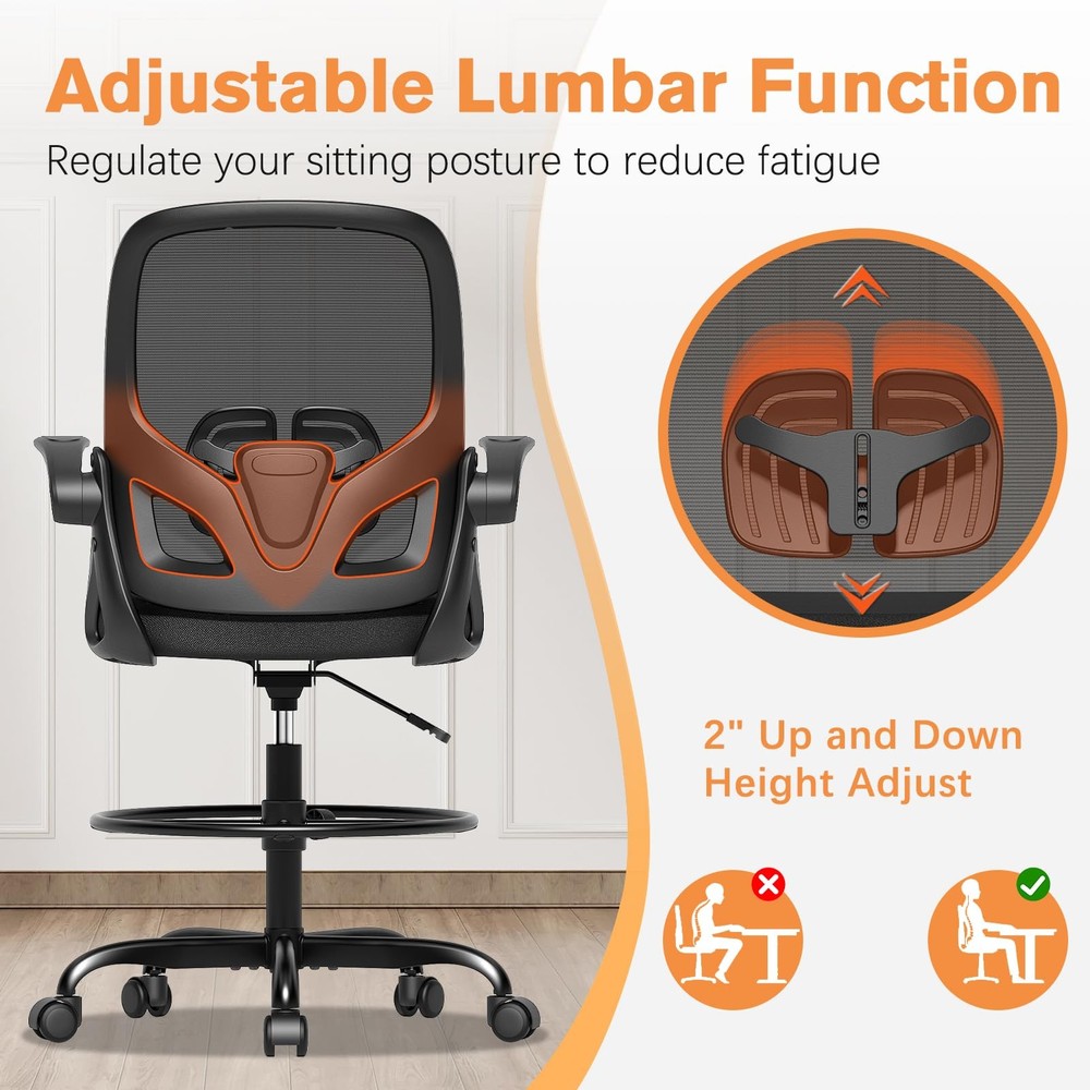 Tall Drafting Chair with Lumbar Support and Footrest Ring, Supportive Tall Ex...