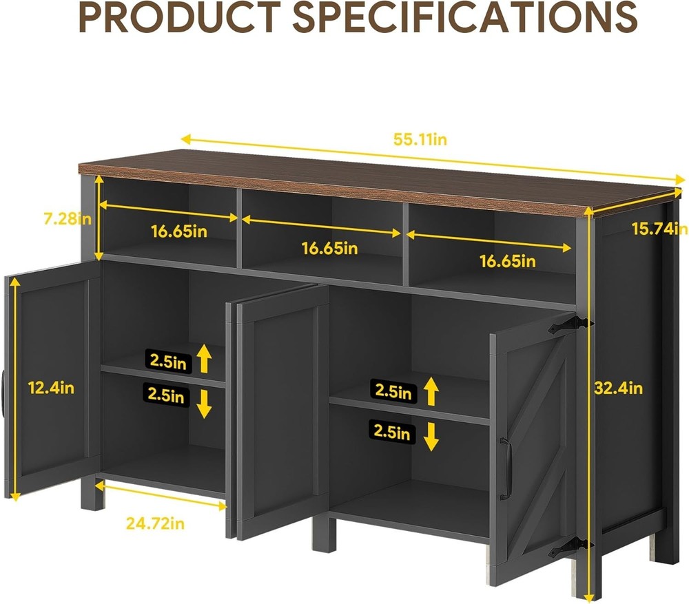 Buffet Sideboard with Storage Farmhouse with 4 Doors, 55'' Large Kitchen Stor...