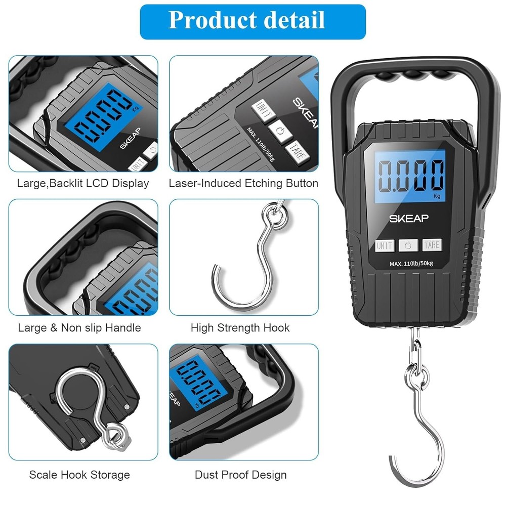 Digital Fish Scale with Backlit LCD – 110lb Capacity & Comfortable Handle