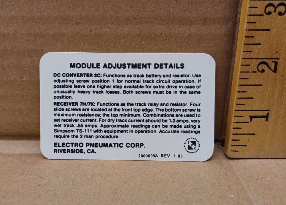 1983 Electro Pneumatic, "Module / Electro Code Adjustment Detail" Reference Card