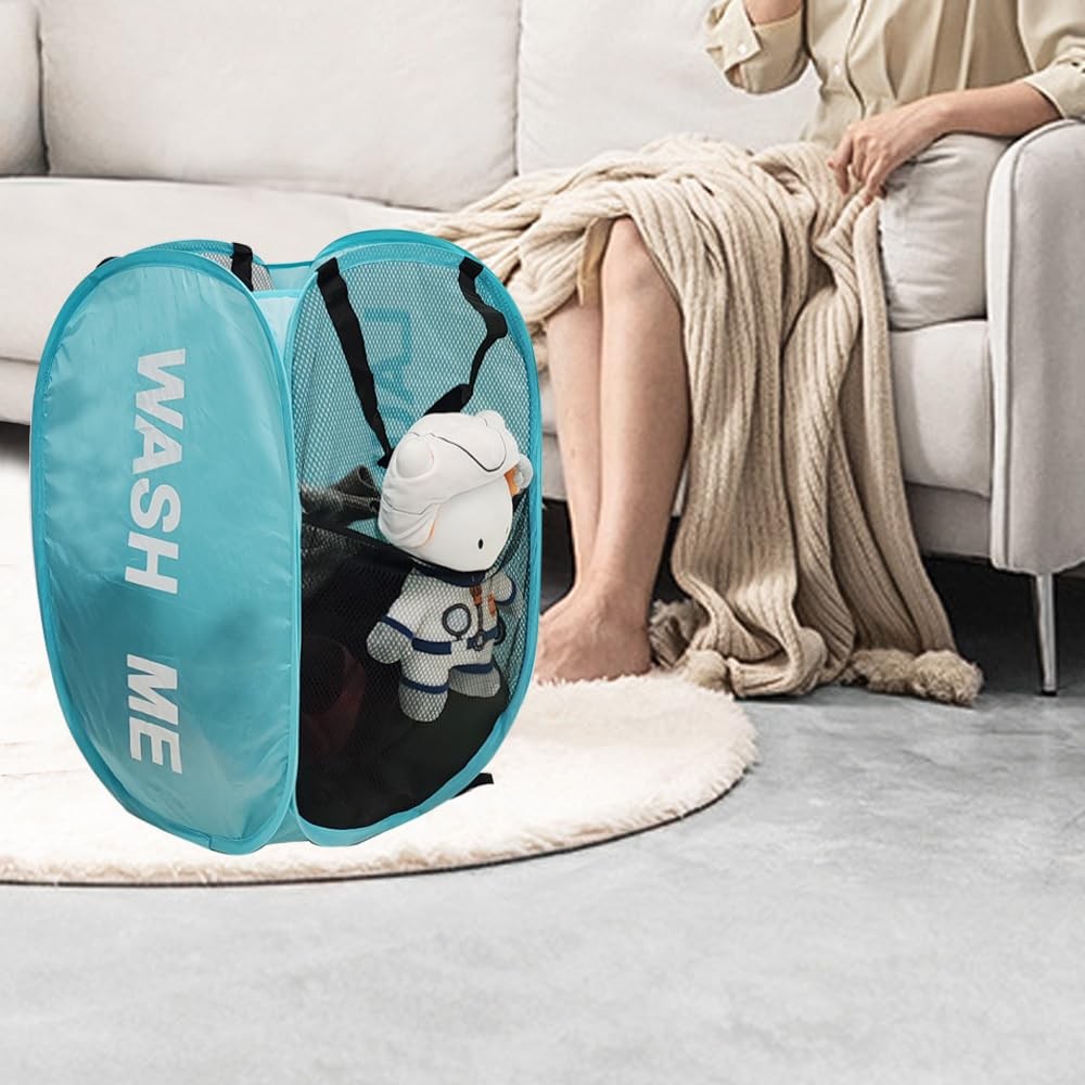 Mesh Pop Up Laundry Hamper with Handles, Collapsible Laundry Basket Side Pock...