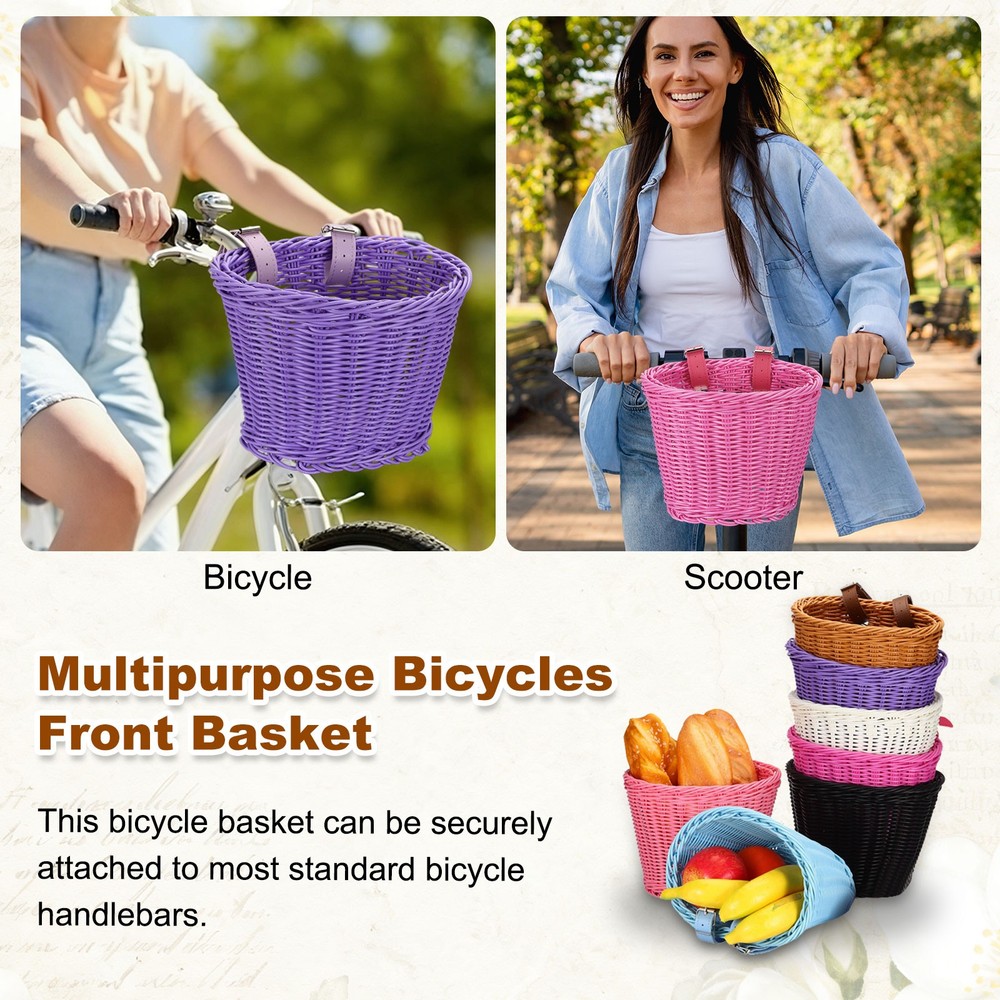 Handwoven Wicker Rainbow Bicycle Basket with Adjustable, Black