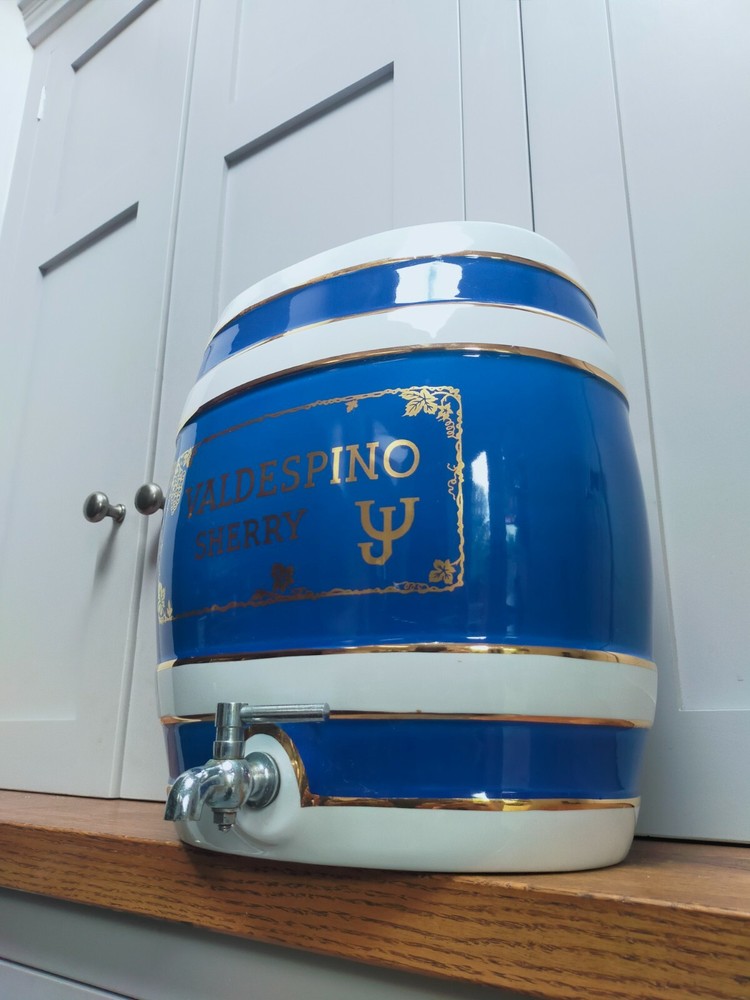Vintage large Valdespino blue ceramic gin cask with spigot
