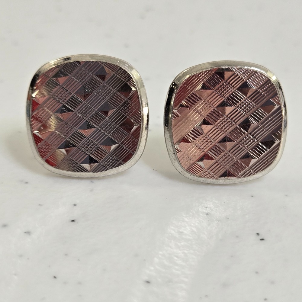 Swank cufflinks Silver Tone Geometric Textured Square Stripe Weave Pattern